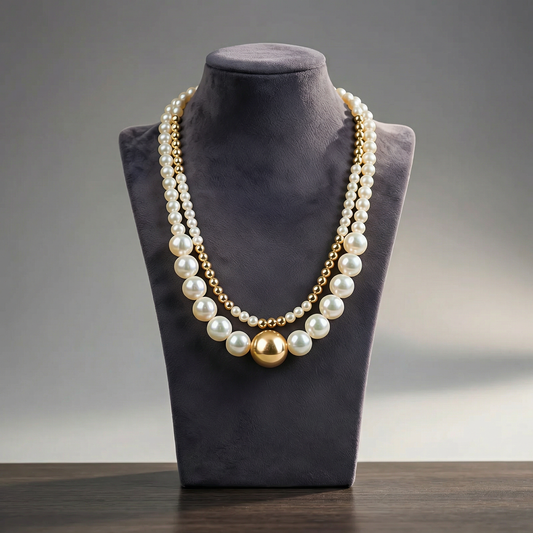 Luxury White Pearl & Gold Double Layer Necklace with Statement Golden Center Bead