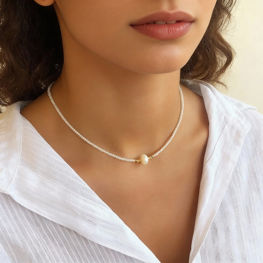 White Beaded Necklace with Center Pearl – Minimalist Handmade Choker