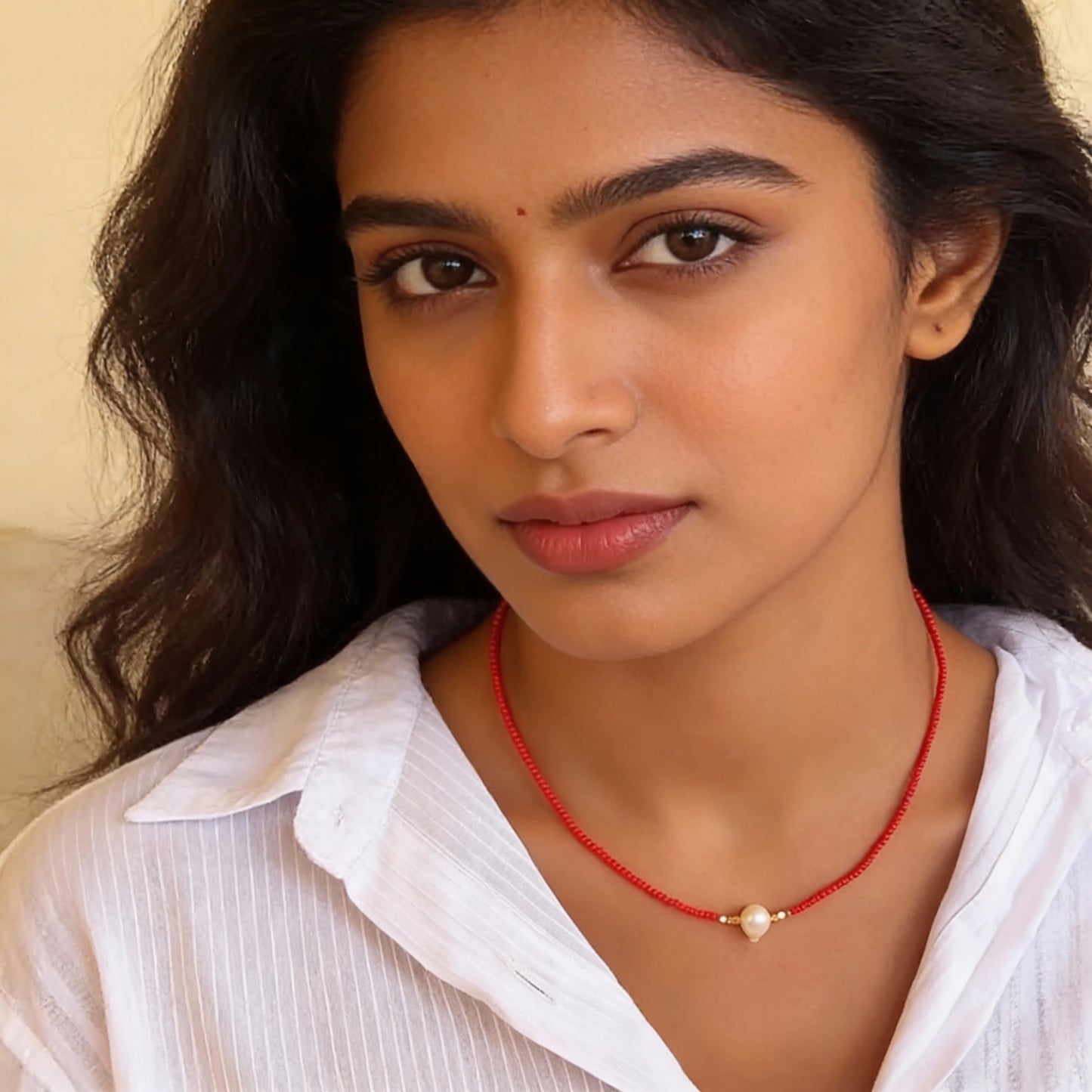 Red Beaded Necklace with White Pearl Center – Dainty Handmade Choker