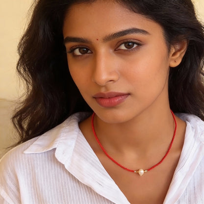 Red Beaded Necklace with White Pearl Center – Dainty Handmade Choker