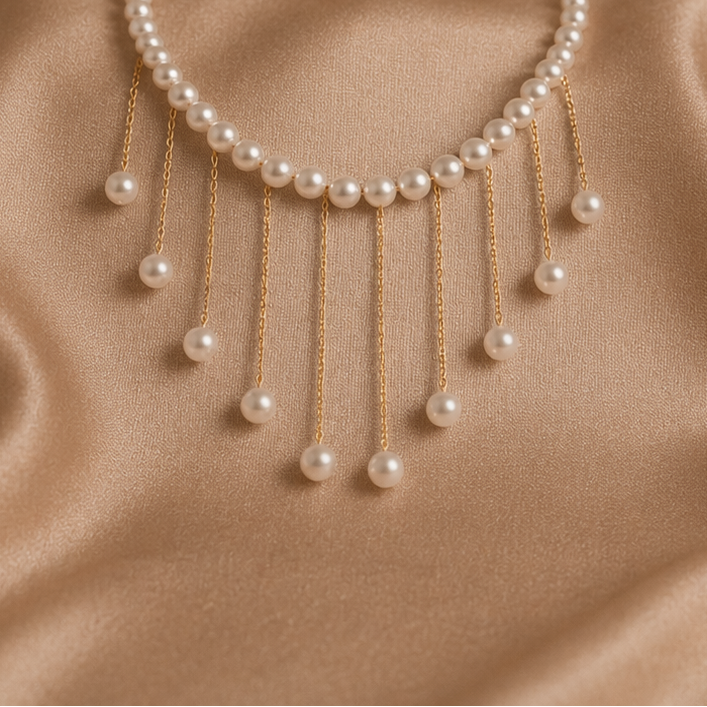 Elegant Pearl Drop Fringe Necklace - Gold Tassel Pearl Choker