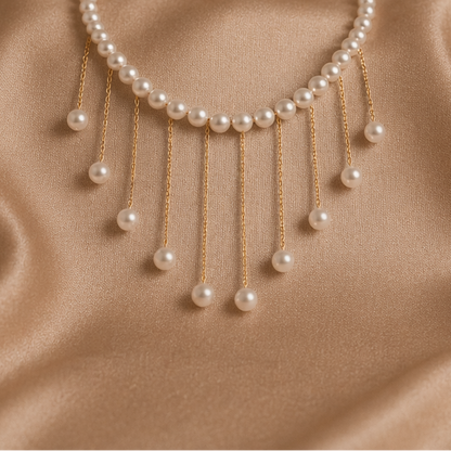 Elegant Pearl Drop Fringe Necklace - Gold Tassel Pearl Choker