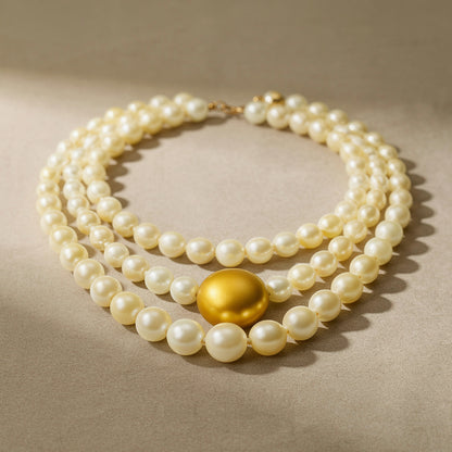 Triple Strand Elegance – White Pearl Choker with Golden Centerpiece