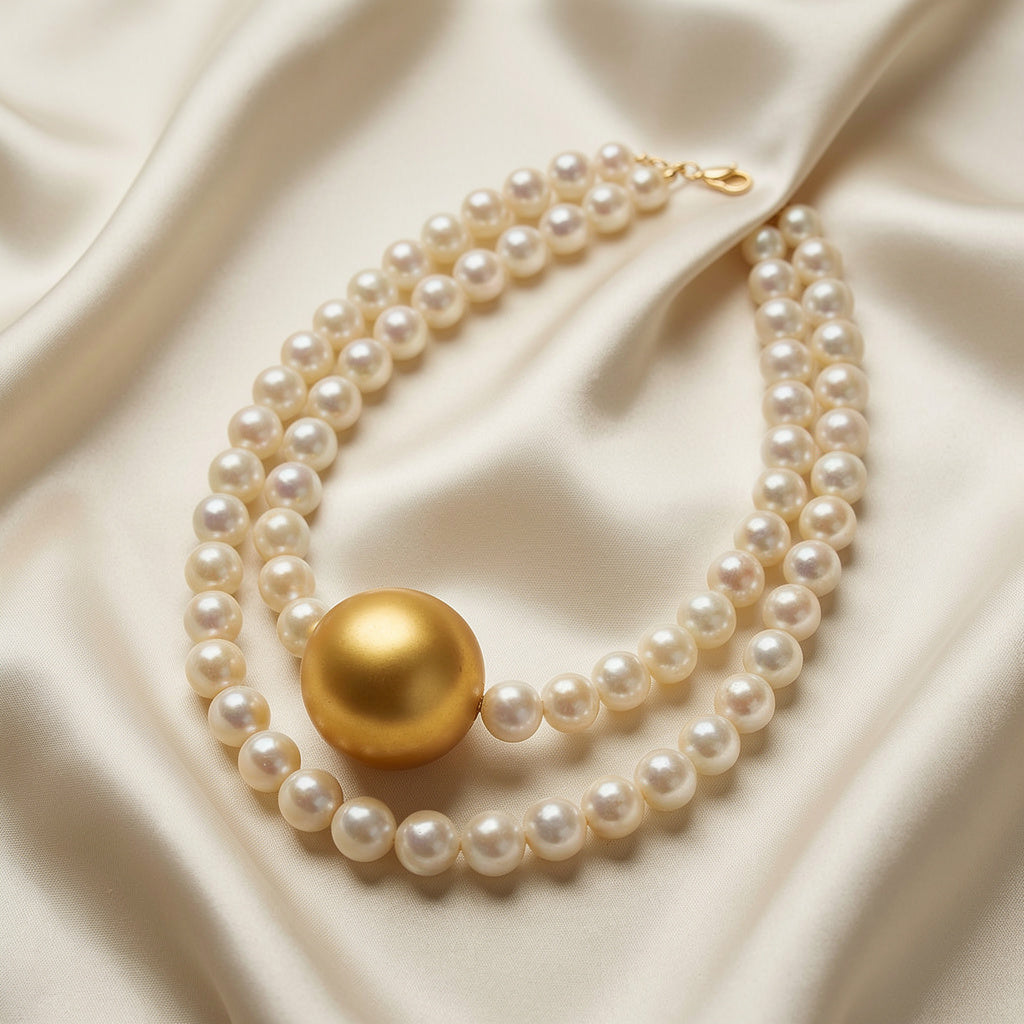 Golden Center Pearl Necklace with White Pearl Strand
