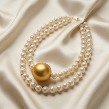 Golden Center Pearl Necklace with White Pearl Strand