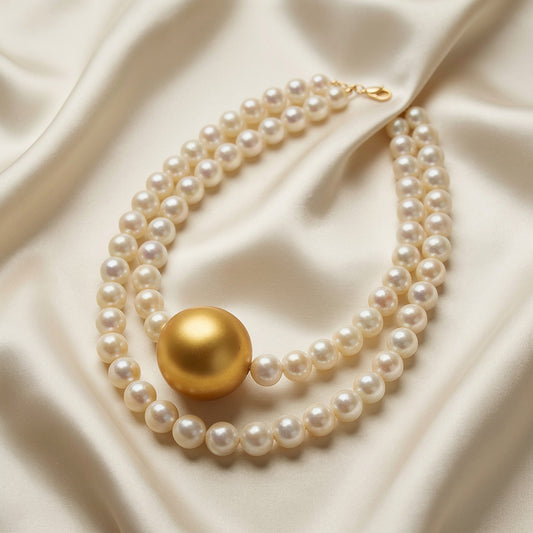 Golden Center Pearl Necklace with White Pearl Strand