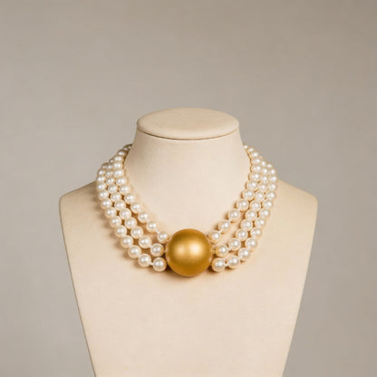 Triple Strand Elegance – White Pearl Choker with Golden Centerpiece
