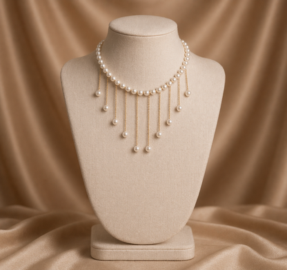 Elegant Pearl Drop Fringe Necklace - Gold Tassel Pearl Choker