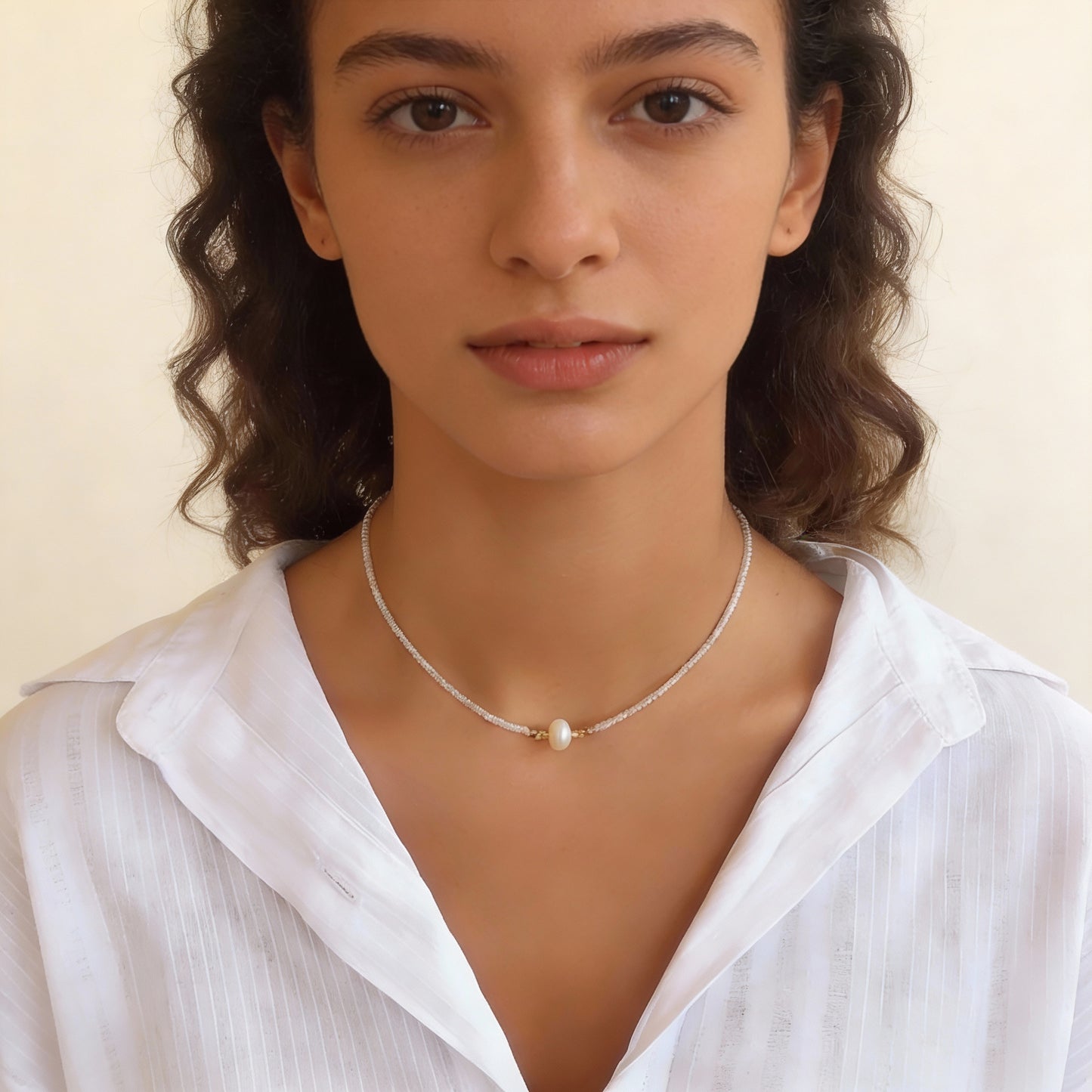 White Beaded Necklace with Center Pearl – Minimalist Handmade Choker