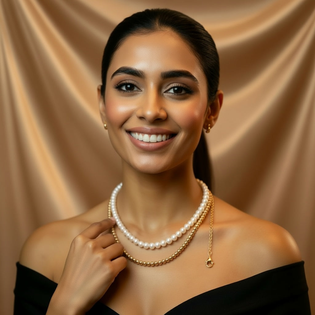 Elegant Dual Layer Pearl & Gold Bead Necklace