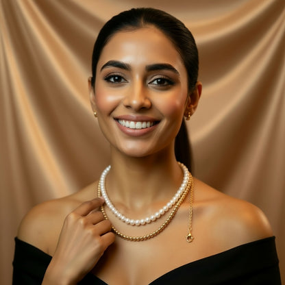 Elegant Dual Layer Pearl & Gold Bead Necklace