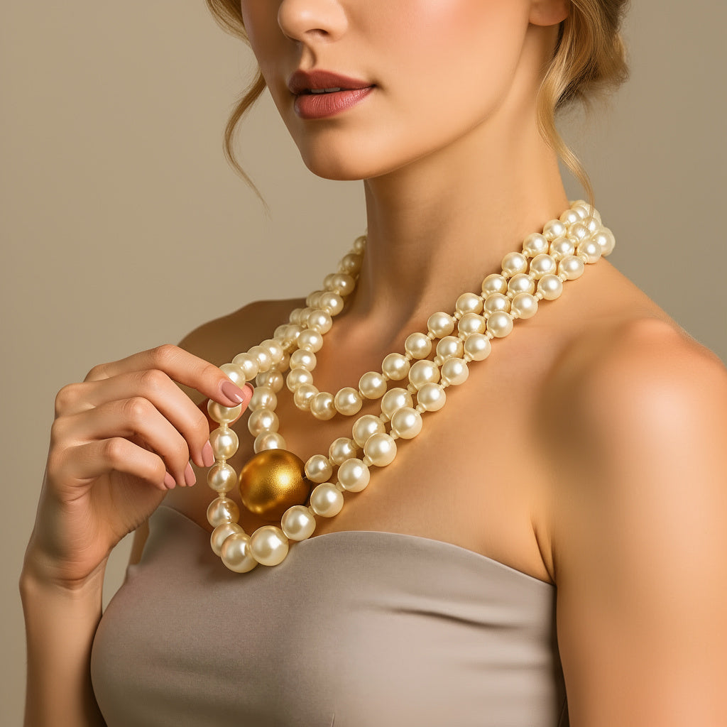 Triple Strand Elegance – White Pearl Choker with Golden Centerpiece