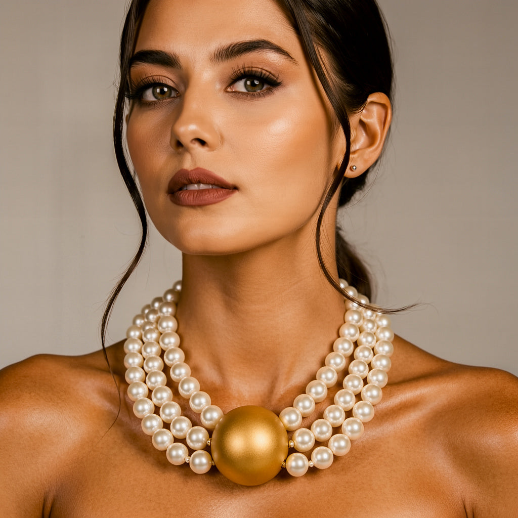 Triple Strand Elegance – White Pearl Choker with Golden Centerpiece