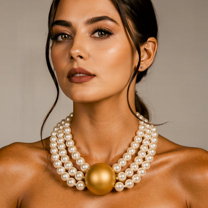Triple Strand Elegance – White Pearl Choker with Golden Centerpiece