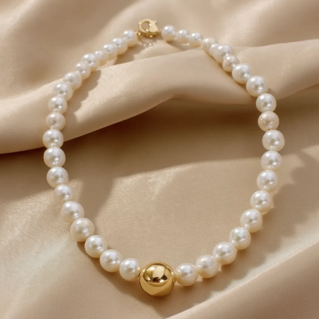 White Pearl Necklace with Gold Pearl Center