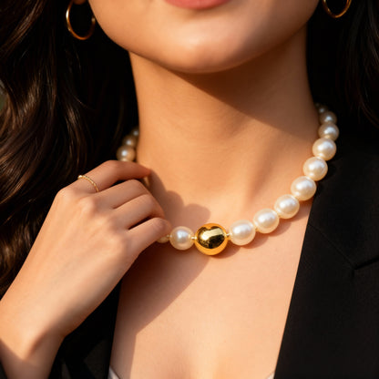 White Pearl Necklace with Gold Pearl Center
