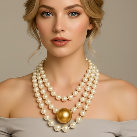 Triple Strand Elegance – White Pearl Choker with Golden Centerpiece