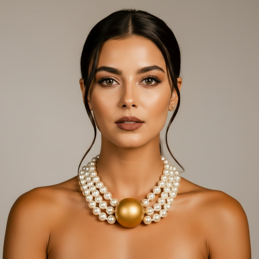 Triple Strand Elegance – White Pearl Choker with Golden Centerpiece