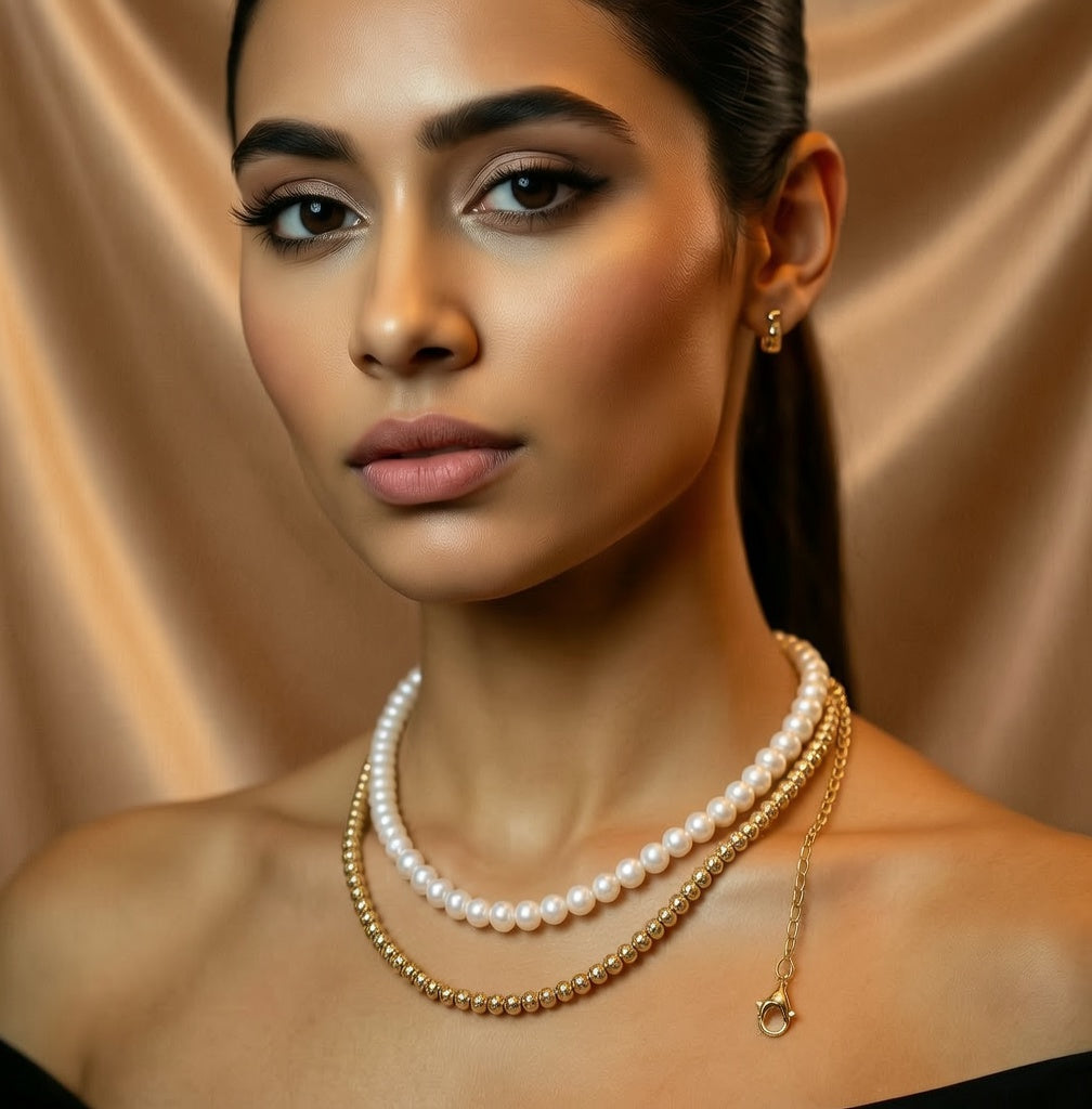 Elegant Dual Layer Pearl & Gold Bead Necklace
