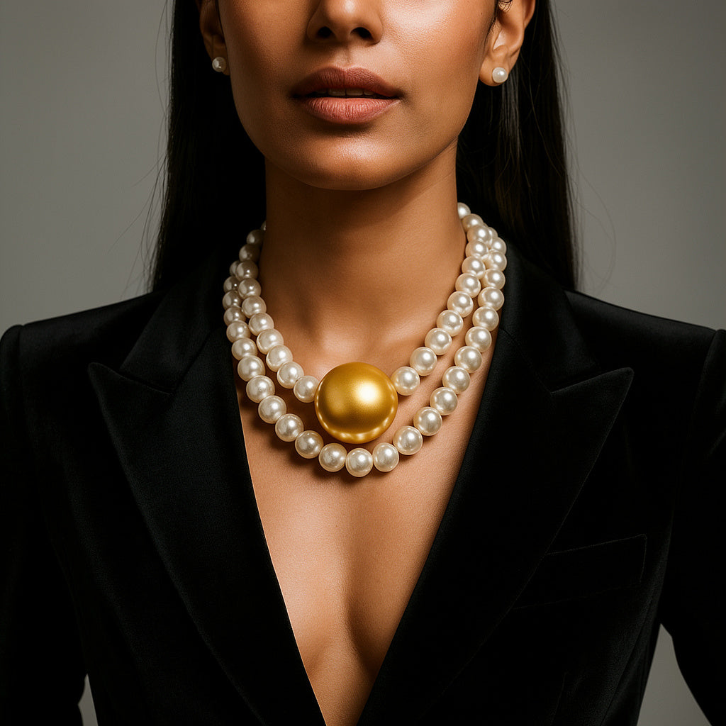 Golden Center Pearl Necklace with White Pearl Strand