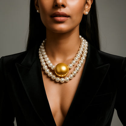 Golden Center Pearl Necklace with White Pearl Strand