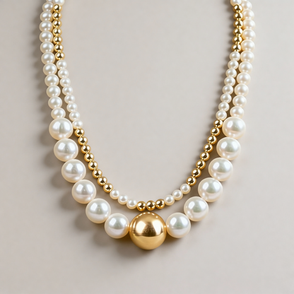Luxury White Pearl & Gold Double Layer Necklace
