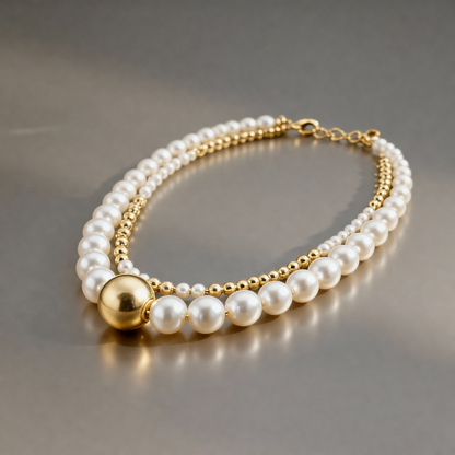 Luxury White Pearl & Gold Double Layer Necklace