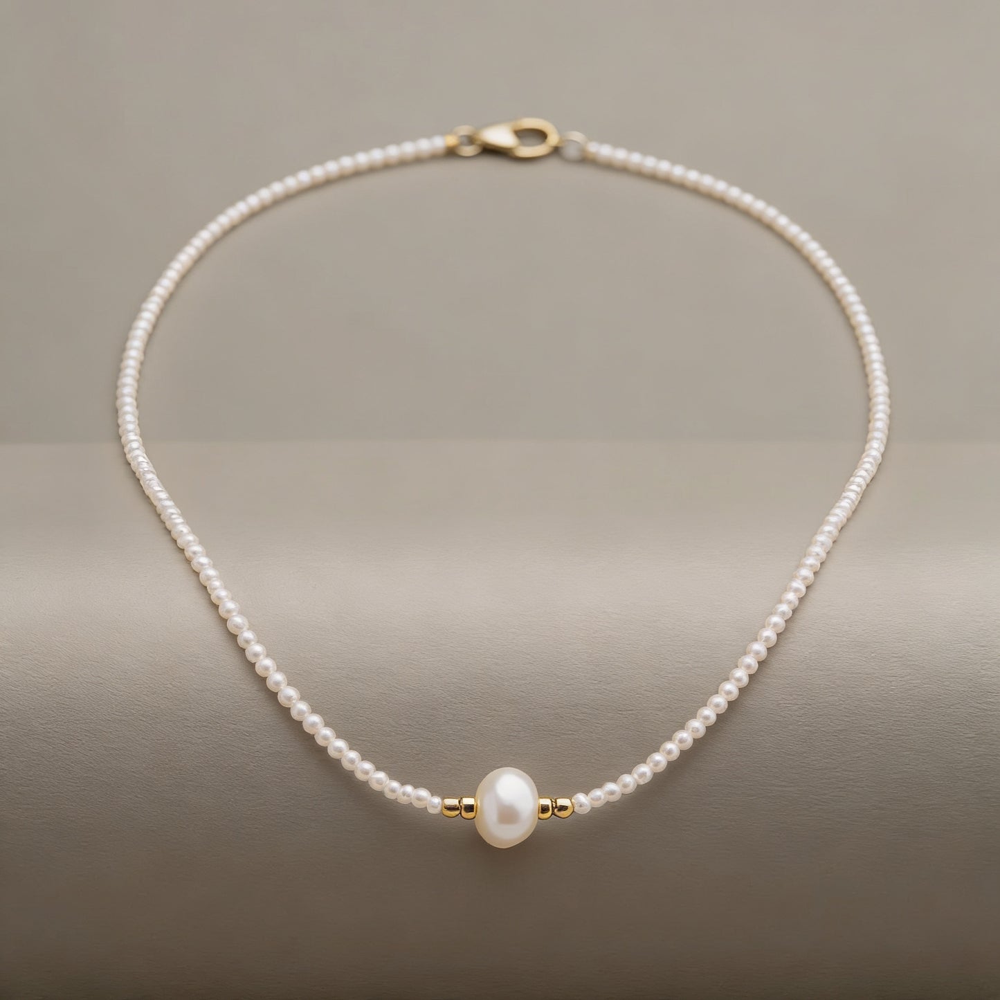 White Beaded Necklace with Center Pearl – Minimalist Handmade Choker