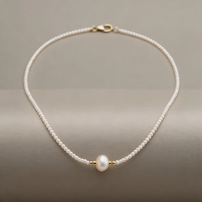 White Beaded Necklace with Center Pearl – Minimalist Handmade Choker