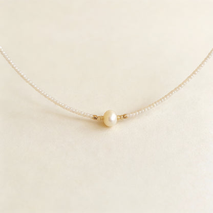 White Beaded Necklace with Center Pearl – Minimalist Handmade Choker