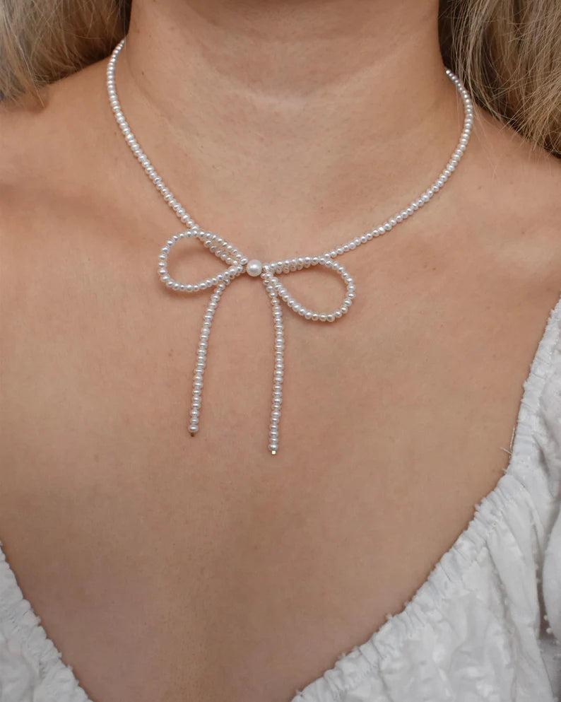 Pearl Bow Necklace – Dainty Feminine Charm