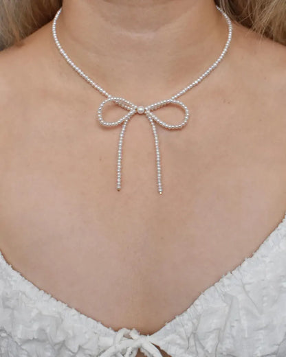 Pearl Bow Necklace – Dainty Feminine Charm