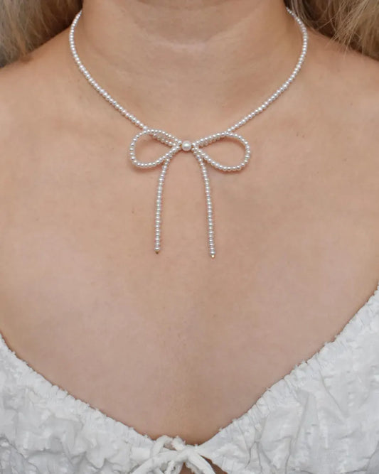 Pearl Bow Necklace – Dainty Feminine Charm