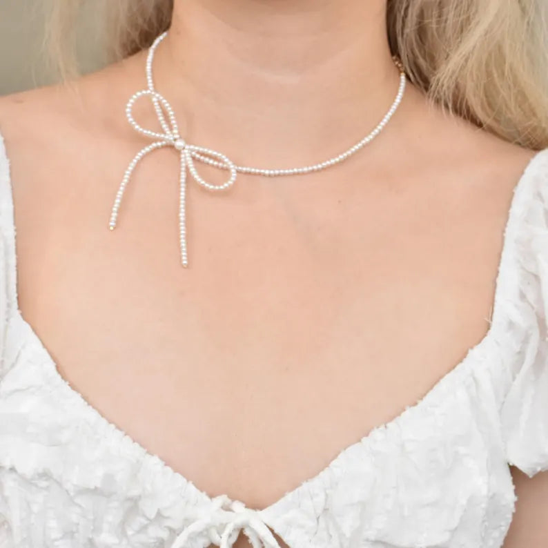 Pearl Bow Necklace – Dainty Feminine Charm