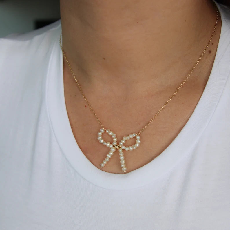 Gold Chain Pearl Bow Necklace – Elegant Feminine Accent