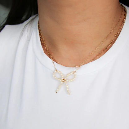 Gold Chain Pearl Bow Necklace – Elegant Feminine Accent
