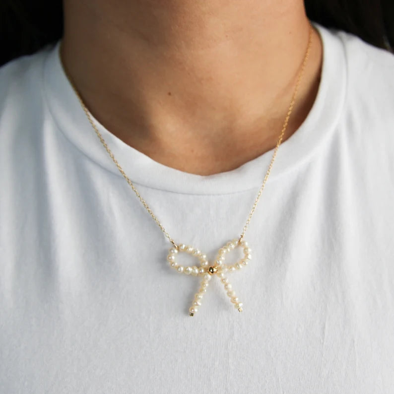 Gold Chain Pearl Bow Necklace – Elegant Feminine Accent