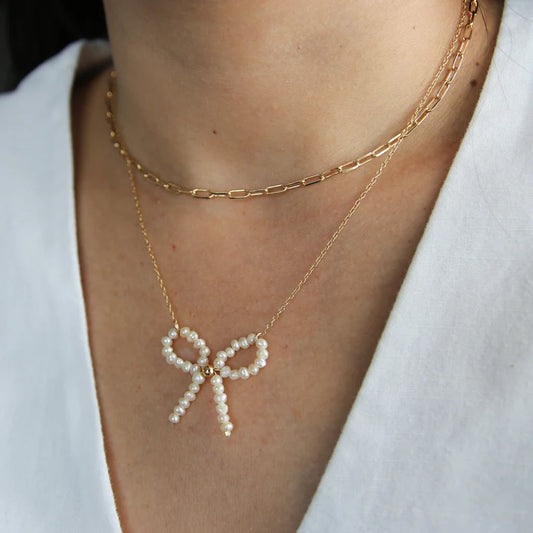 Gold Chain Pearl Bow Necklace – Elegant Feminine Accent