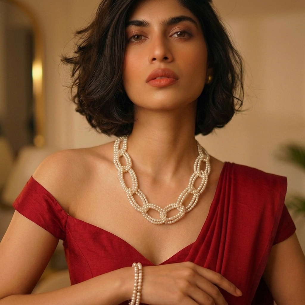 Multi-Strand Pearl Link Necklace - Layered Pearl Statement Jewelry for Women