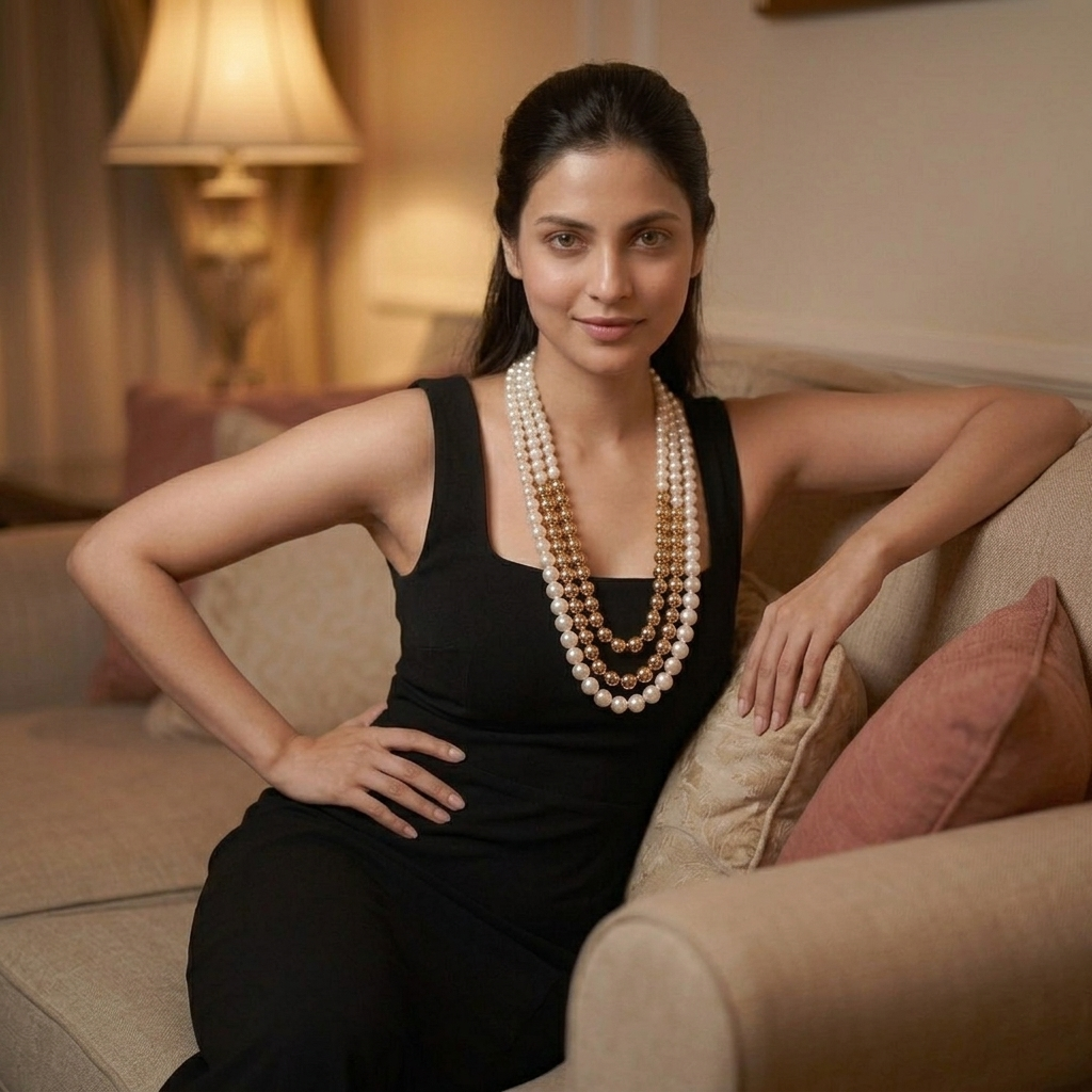 "Aurelia" Layered Pearl & Gold Bead Necklace | 3-Strand Statement Piece