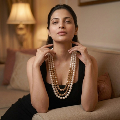 "Aurelia" Layered Pearl & Gold Bead Necklace | 3-Strand Statement Piece