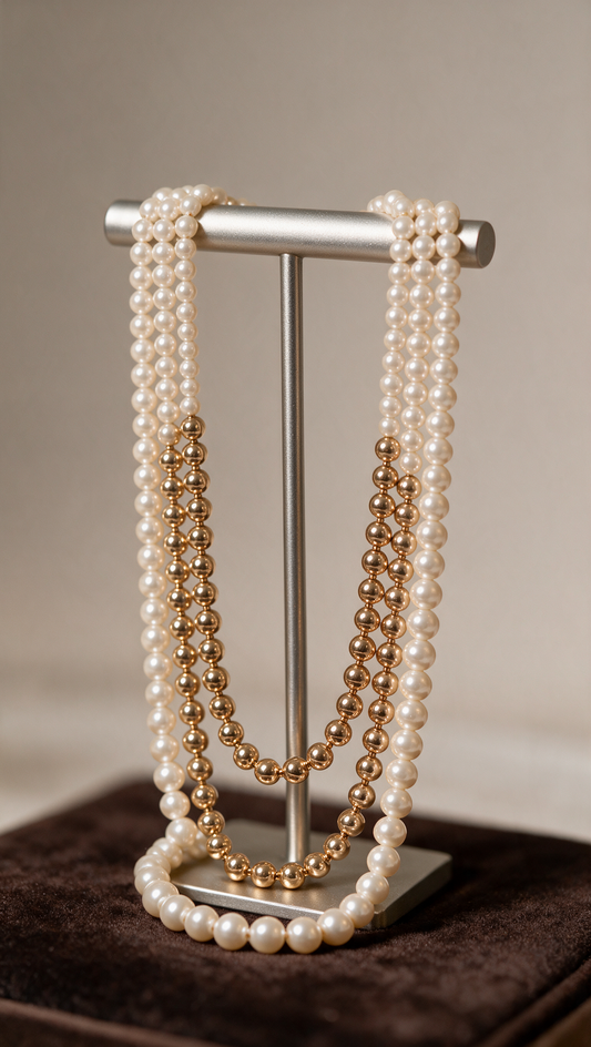 "Aurelia" Layered Pearl & Gold Bead Necklace | 3-Strand Statement Piece
