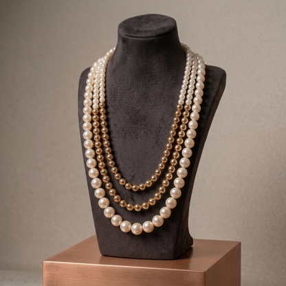"Aurelia" Layered Pearl & Gold Bead Necklace | 3-Strand Statement Piece
