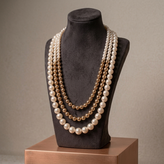 "Aurelia" Layered Pearl & Gold Bead Necklace | 3-Strand Statement Piece