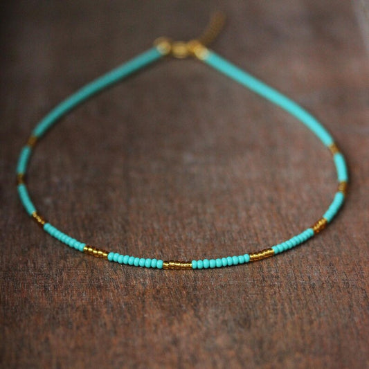 Turquoise Gold Seed Beads Choker