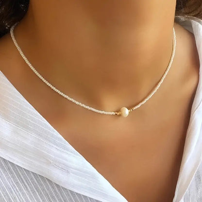 White Beaded Necklace with Center Pearl – Minimalist Handmade Choker