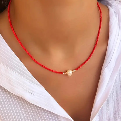 Red Beaded Necklace with White Pearl Center – Dainty Handmade Choker