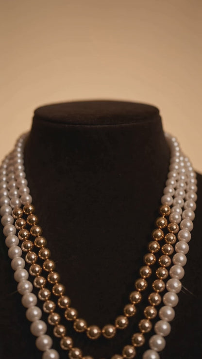 "Aurelia" Layered Pearl & Gold Bead Necklace | 3-Strand Statement Piece