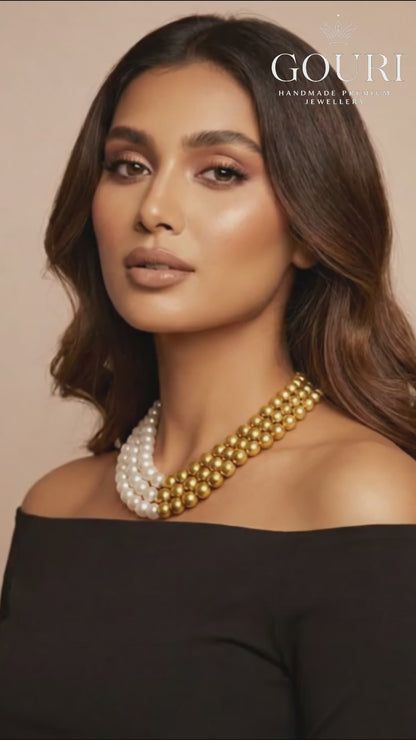Elegant Dual-Tone Pearl & Gold Statement Necklace