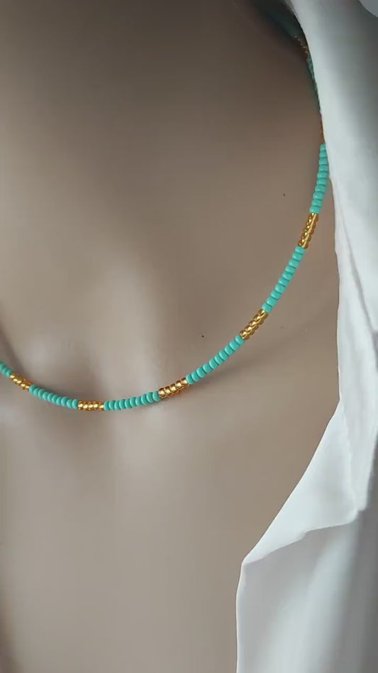 Turquoise Gold Seed Beads Choker